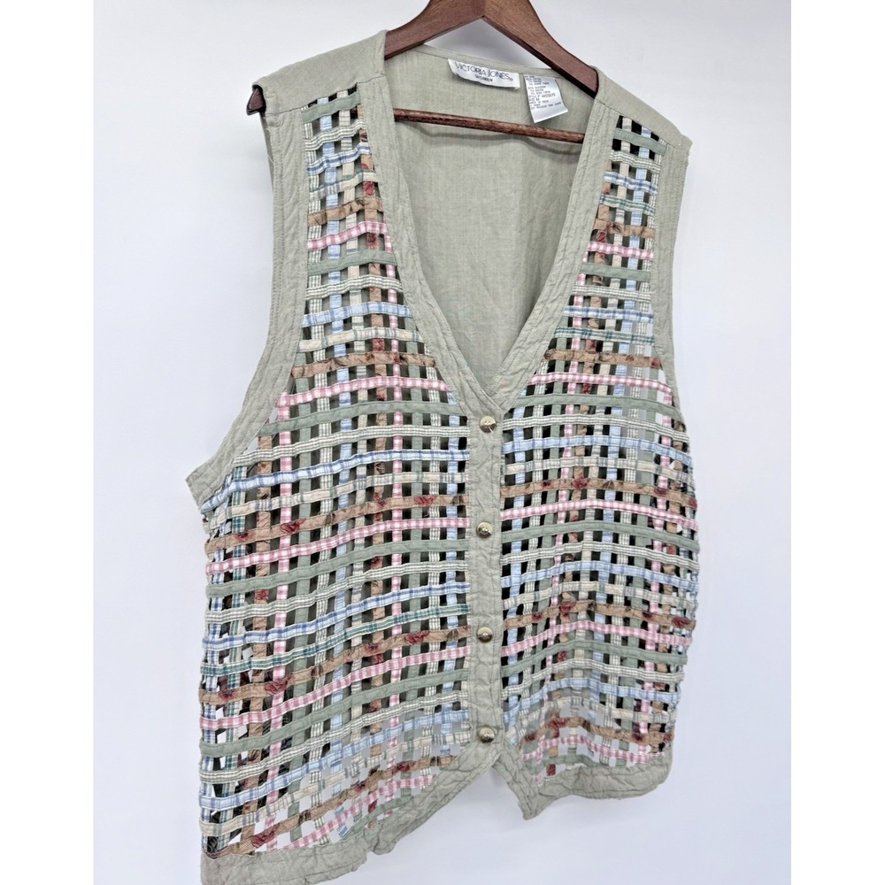 Vintage Patchwork Woven Vest Boho Lagenlook Cotton 4X oversized cottagecore